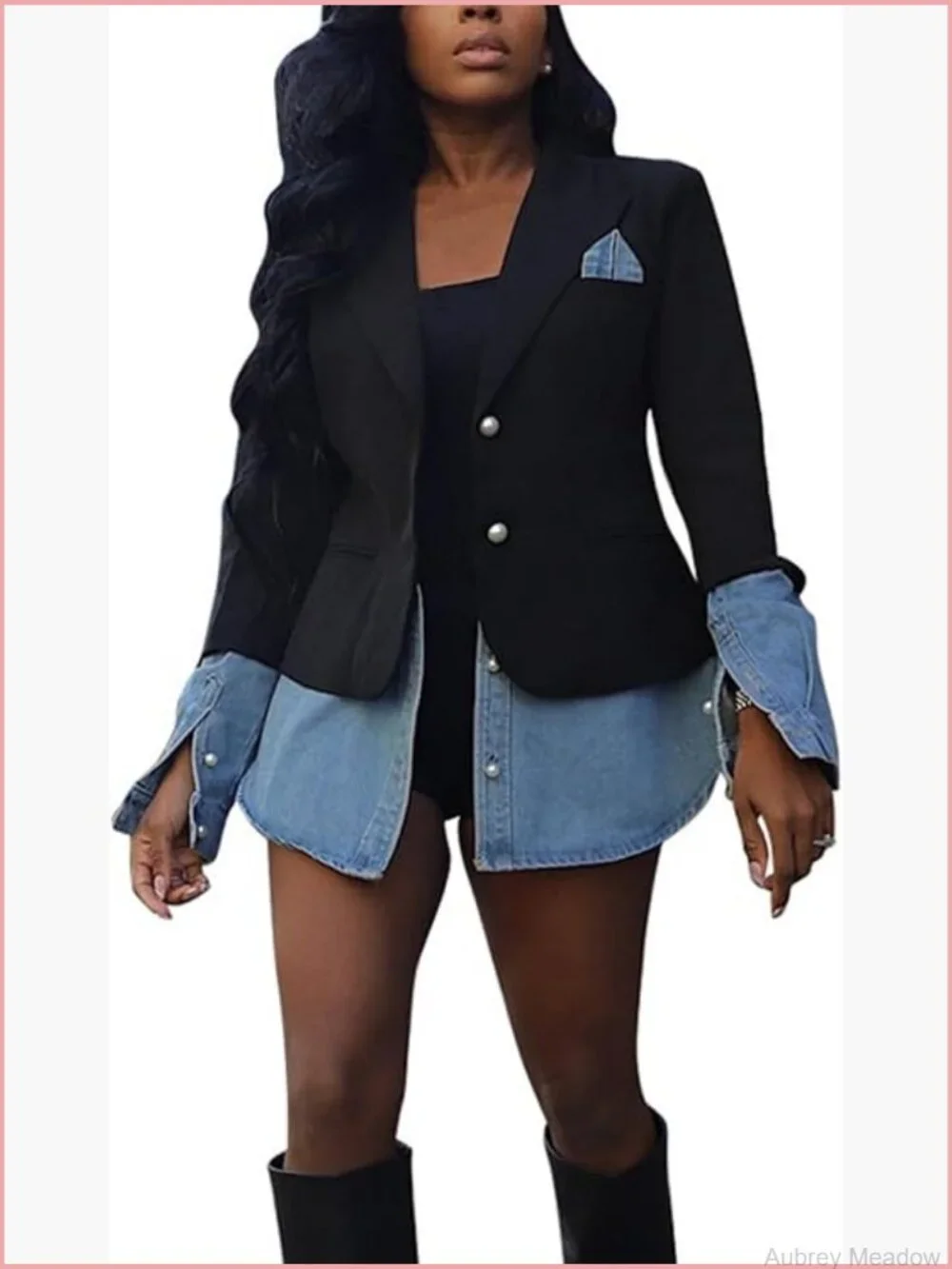 Long Sleeve Button Patchwork Denim Blazer Women Suit Jacket